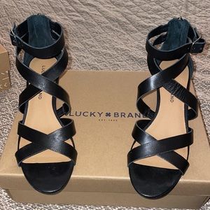 Lucky Brand Black Leather Wedges sz 7.5